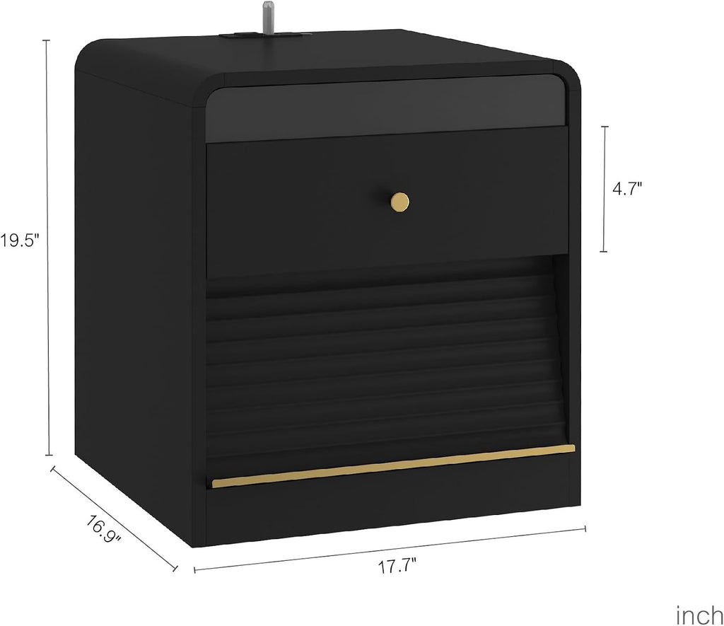 Smart Nightstand with Charging Station – Bedside Table with Voice-Controlled LED Night Light, 1 AC Outlet + 2 USB Ports, Ample Storage Cabinet for Bedroom(Black)