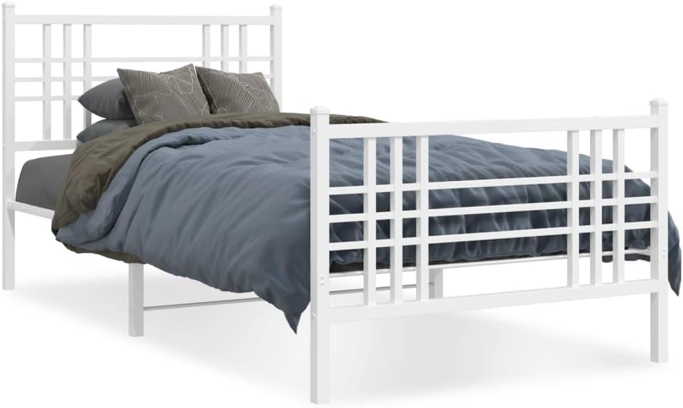 Metal Bed Frame with Footboard White Steel Platform Bed Frame 39.4'x78.7' Heavy Duty Storage Underbed Space for Queen Twin Mattress Bedroom Furniture