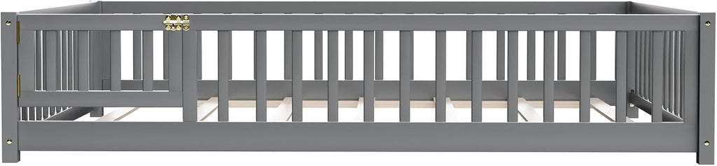 i-POOK Full Floor Bed for Children, Sturdy Wood Montessori Bed Frame with Wood Slats, Fence & Door for Girls and Boys, Gray (with Bed Slats)