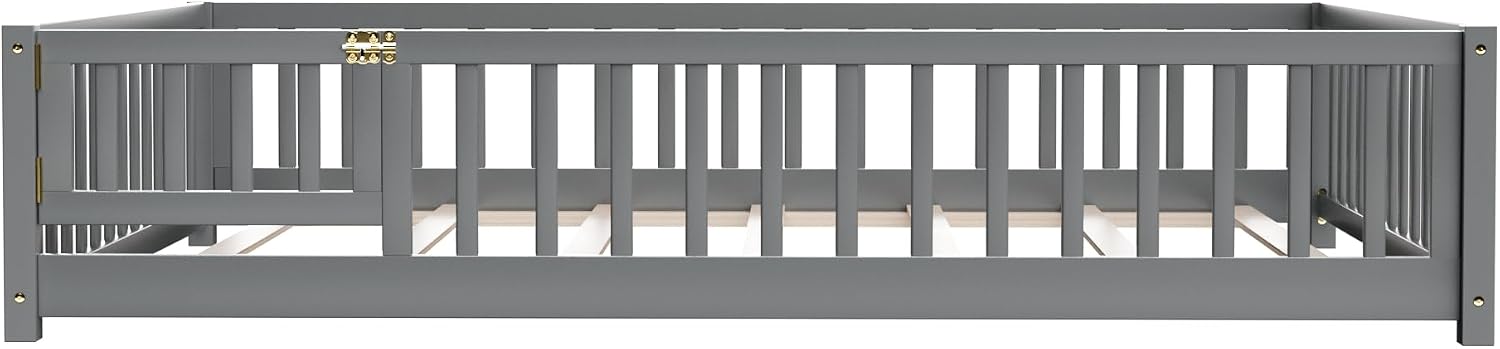 i-POOK Full Floor Bed for Children, Sturdy Wood Montessori Bed Frame with Wood Slats, Fence & Door for Girls and Boys, Gray (with Bed Slats)