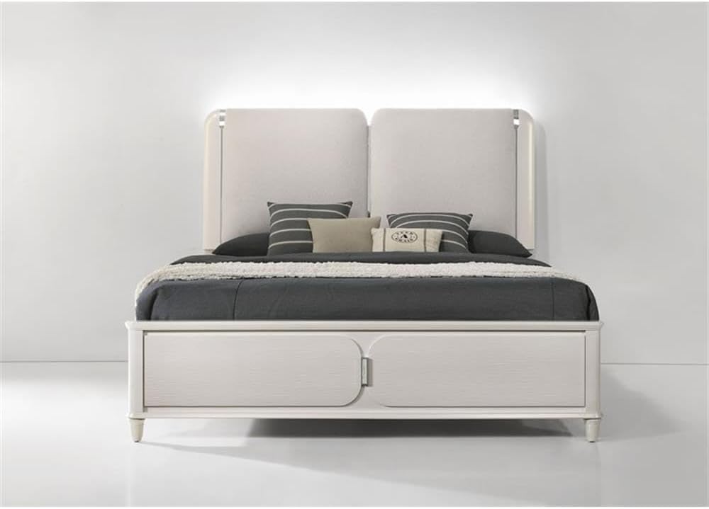 BOWERY HILL Wood Queen Bed with LED Lighting, Light Gray Boucle Headboard, Pearl White Finish, Acrylic Legs, Contemporary Style, Slat System, 91'L x 64'W x 62'H, Modern Bedroom Furniture