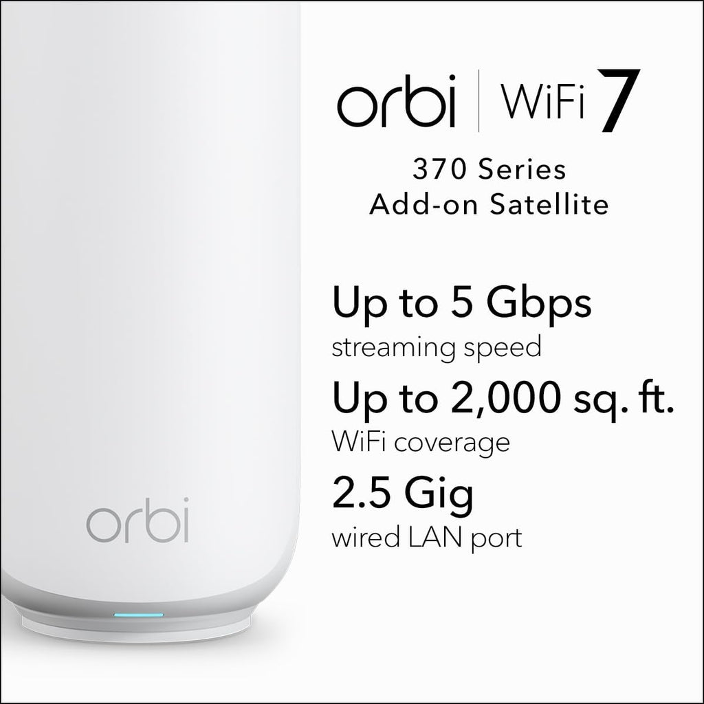 NETGEAR Orbi 370 Series (RBE370) Dual-Band WiFi 7 Mesh Network Add-on Satellite – Works with RBE372, RBE373, RBE374, Security Features, 5 Gbps, Adds Coverage up to 2,000 sq. ft., BE5000