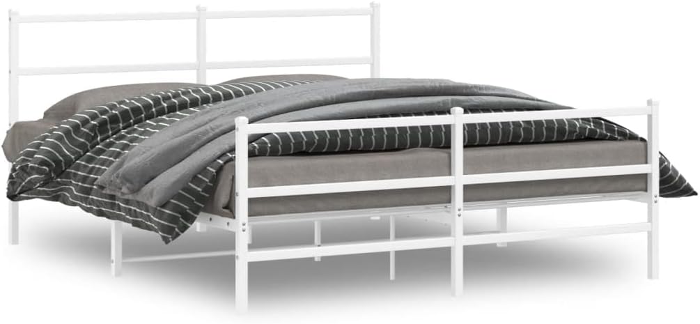 Modern King Size Bed Frame 59 x 79 in White Powder-Coated Steel, Strong Metal Construction with Breathable Fabric for Superior Stability and Elegant Aesthetic, Compact Design