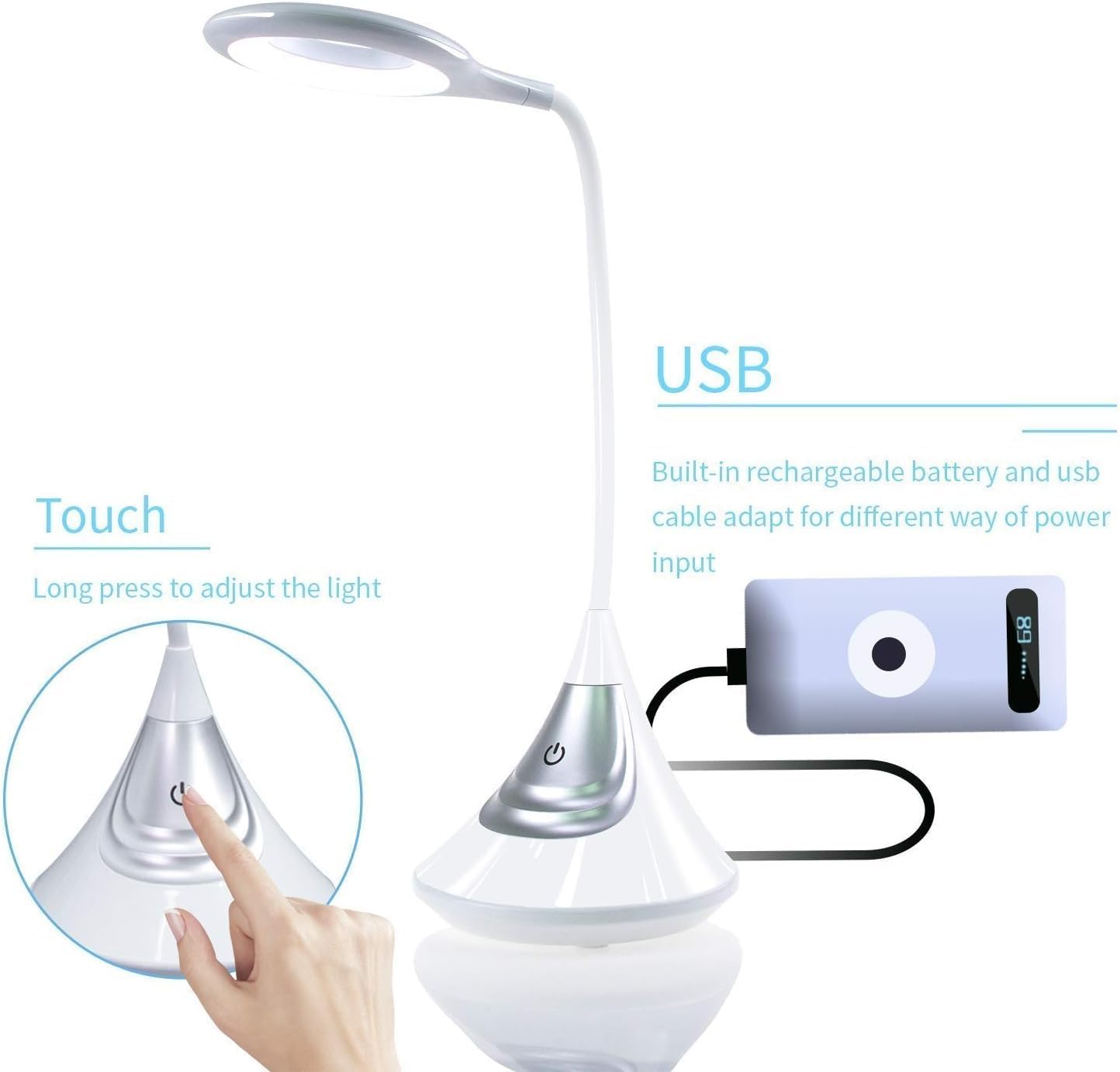 Desk Rechargeable, Eye-Caring Dimmable Table Lamp,Contact Control Bedside for Books/Bedroom/Kids