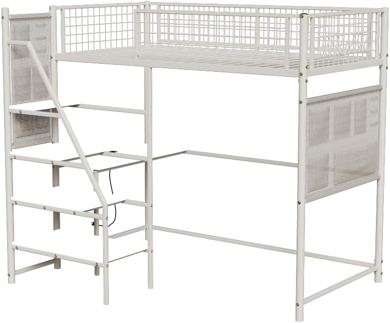 Twin Sized loft Metal Bed with Black for Bedroom and Dormitory, with Built-in Charging Station and LED Lighting (White + Metal & Wood + Bedroom)