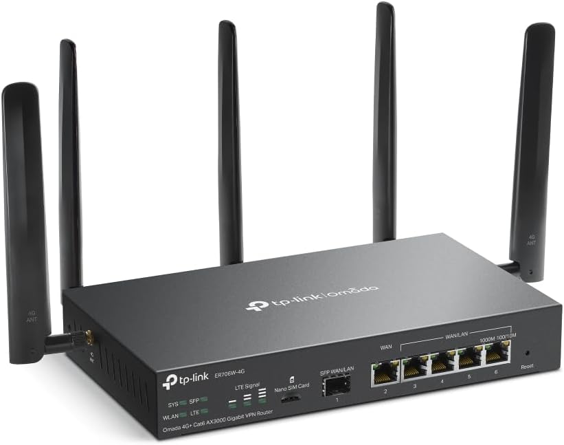 TP-Link ER706W-4G Omada 4G+ Cat6 AX3000 Gigabit VPN Gateway Router | Wi-Fi 6 AX3000 Dual Band with LTE | Supports Omada Mesh | Easy Set-up