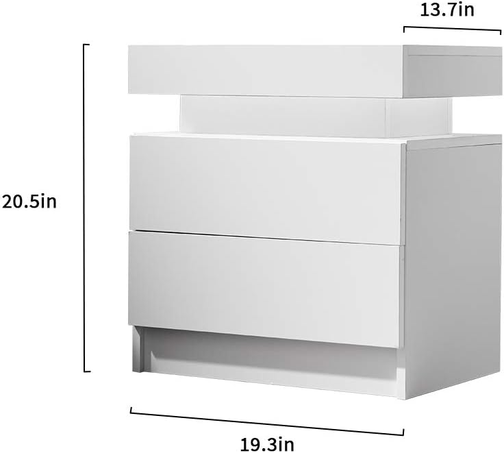 Nightstand LED Lights with 2 Drawers for Bedroom, Smart End Table Short Bedside Tables, Modern Side Table with Storage Small Shelf Stand Cabinet Lights End Side, White
