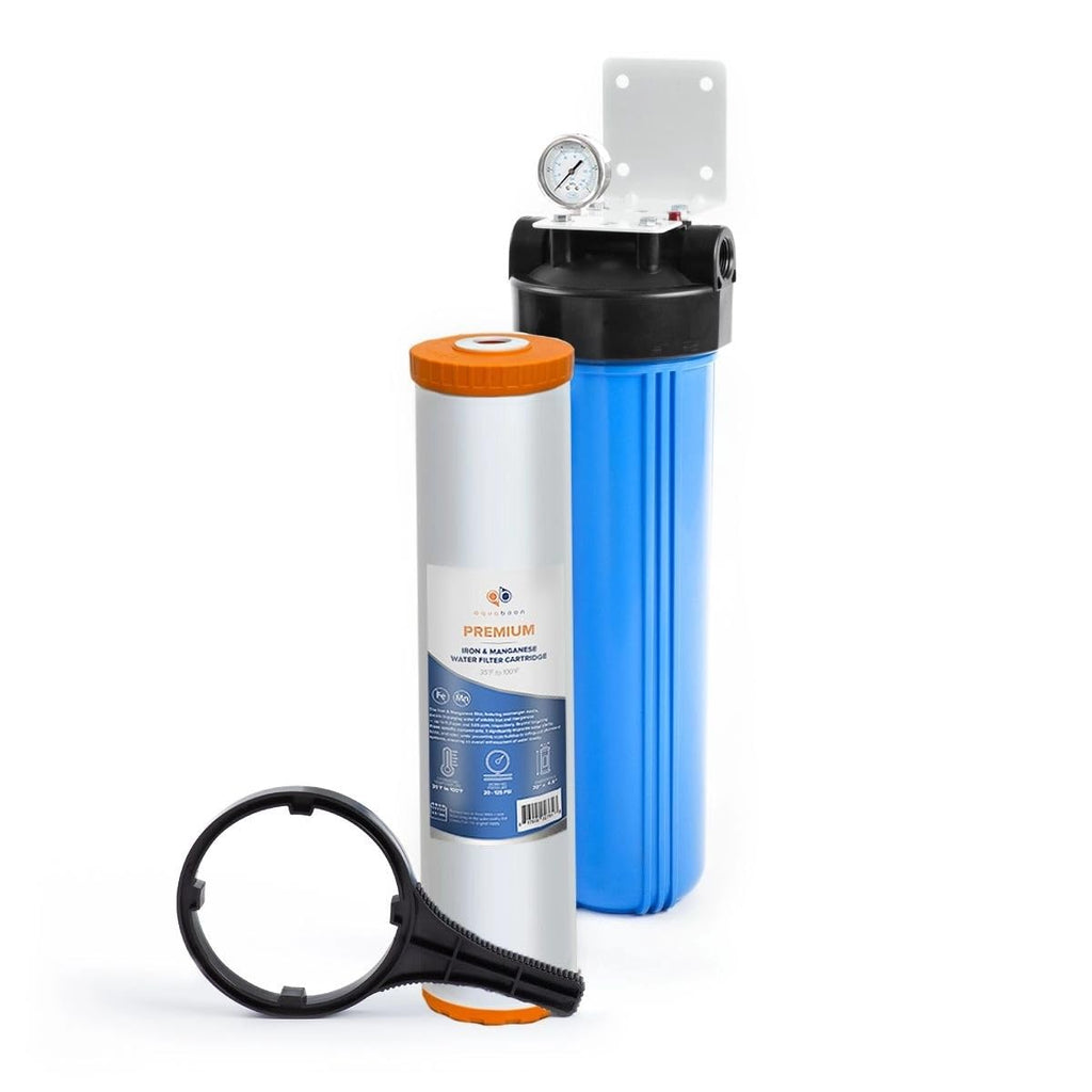 Aquaboon Whole House Water Filter System for Well Water with 5 Micron 20x4.5 Iron & Manganese Water Purification Cartrige | NSF Certified, Pressure Gauges & Releas, Wrench, Bracket 1' NPT