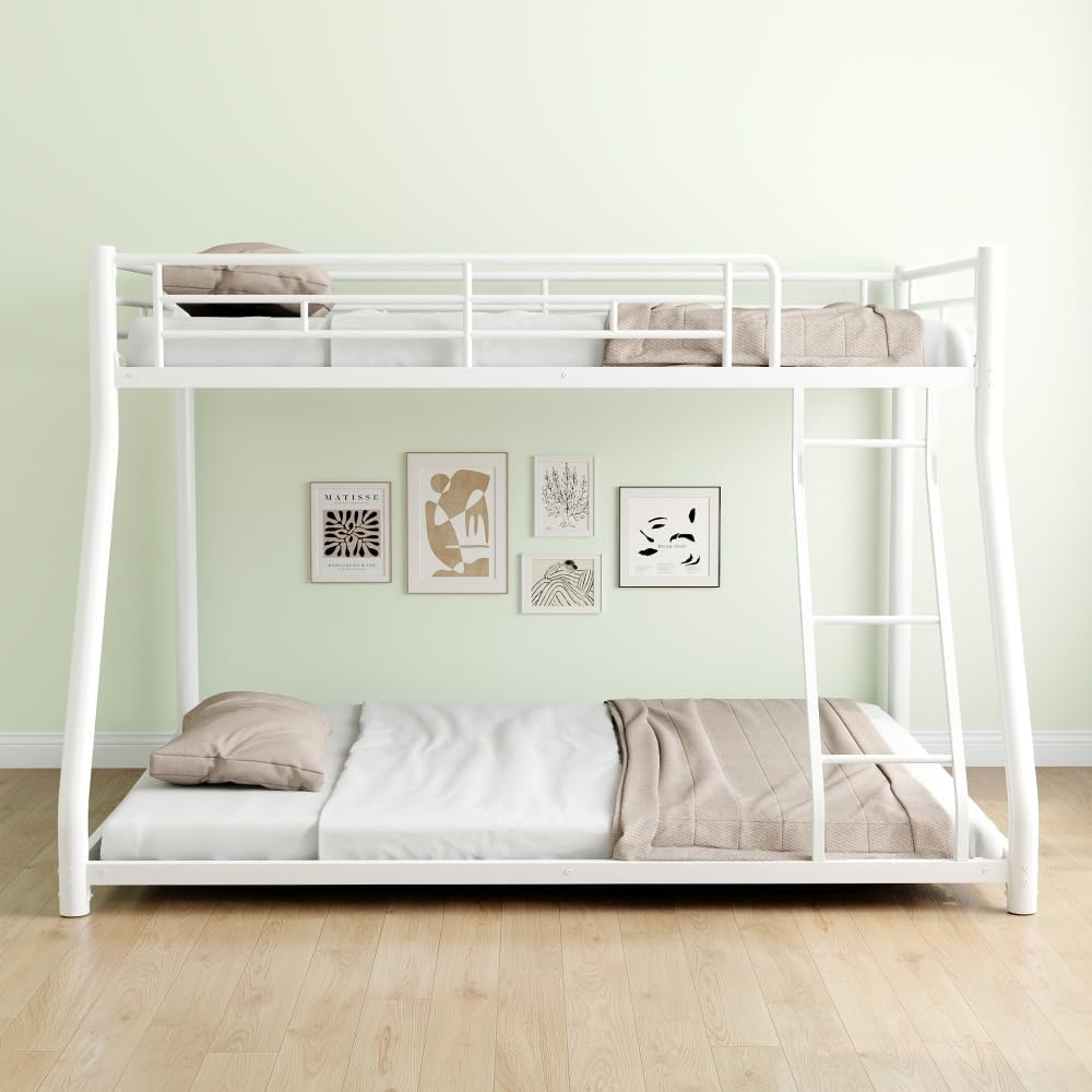 Twin Over Full Metal Bunk Bed, with Ladder & Full-Length Guardrail for Teens Adults, Noise Free (White + Metal + Metal)