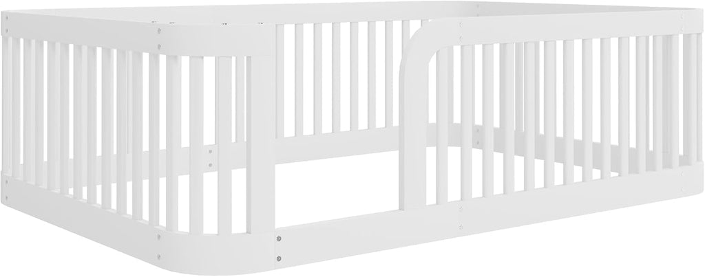 Full Size Wood Floor Bed with Fence, Playful Design Montessori Floor Bed with Guardrail, Without Slats, Easy Assembly (White//Full,124)