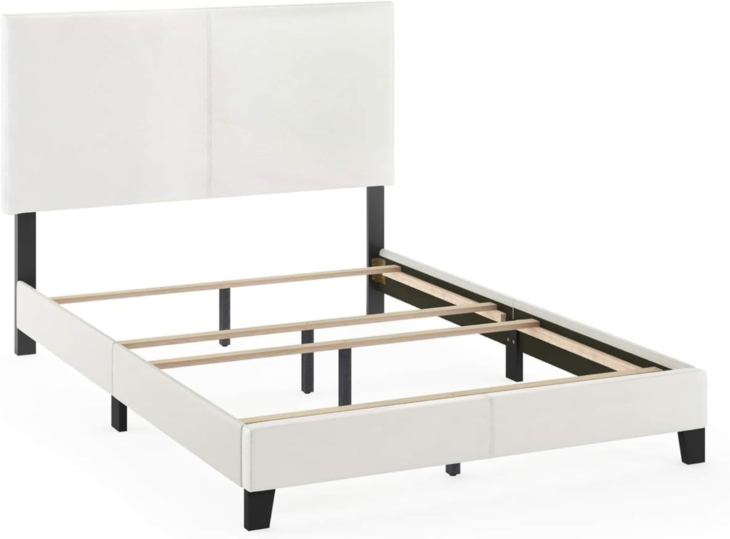 Upholstered Bed Frame Full Size, Modern Platform Bed with PU Leather Headboard & Wood Slat Support, Easy Assembly, Sturdy Bedroom Furniture (White)