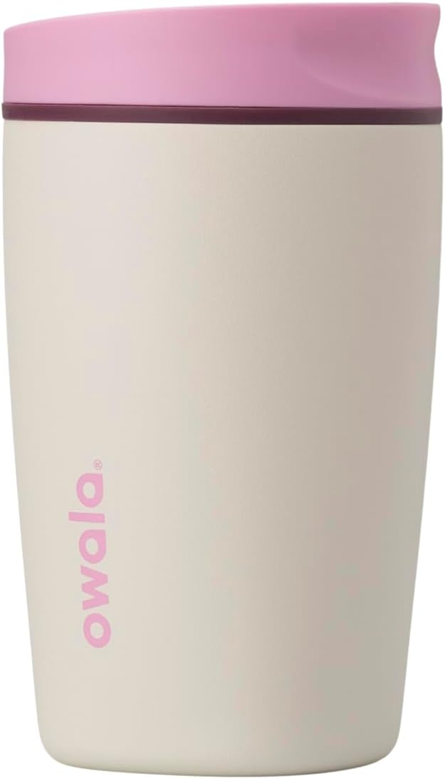 Owala SmoothSip Slider Insulated Stainless Steel Coffee Tumbler, Reusable Iced Coffee Cup, Hot Coffee Travel Mug, BPA Free 12 oz, Pink/Tan (Daybreak) (Pack of 8)