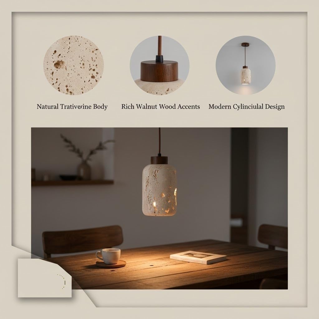 Lámpara Colgante Piedra Travertino Natural Pantalla Tipo ARO Luminaria Techo Luz Suspendida Chandelier para Cocina Isla Barra Recámara Entrada Iluminación Interior
