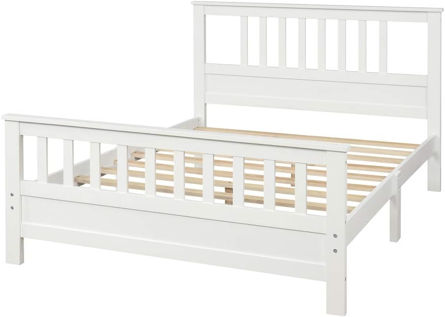 Sturdy Wooden Platform Bed Frame with Integrated Headboard and Footboard for Supportive, Minimalist Bedroom Setup (White + Pine + Full)