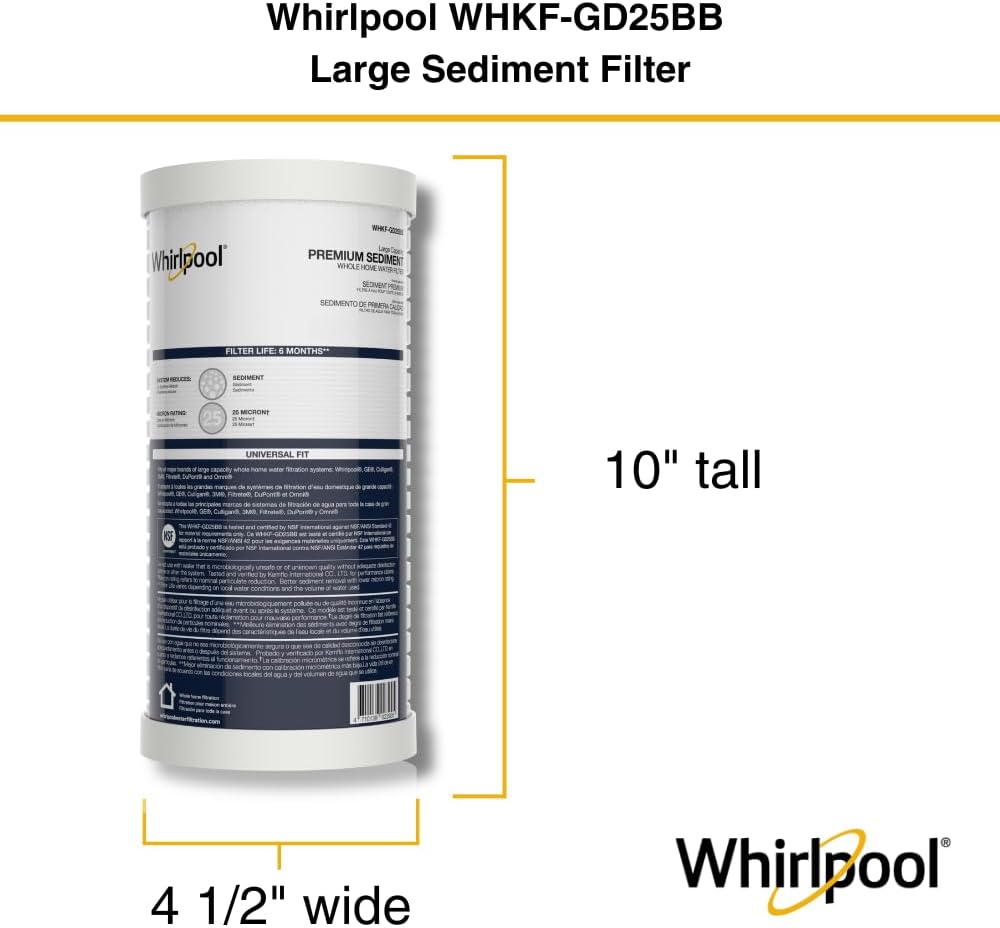 Whirlpool Whole House Large Capacity Sediment Filter WHKF-GD25BB, Full Case of 4 Filters, NSF Certified 25-Micron Filtration, Replacement Cartridge Fits Most Home 10' x 4.5' Standard Filter Housings