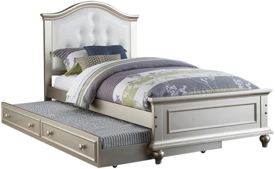 GOWE Contemporary Style Silver Twin Size Bed w/Trundle Slats Pine Plywood Kids Youth Bedroom Furniture White Faux Leather Tufted HB