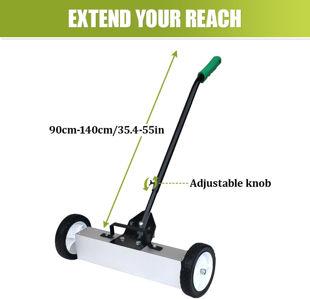 Rolling Magnetic Sweeper Push-Type Magnetic Pick Up Sweeper with Wheels Large Durable Magnet Pickup Lawn Sweeper Length-adjustable Handle Easy Cleanup Tool for Garage Construction Yard (36inch)