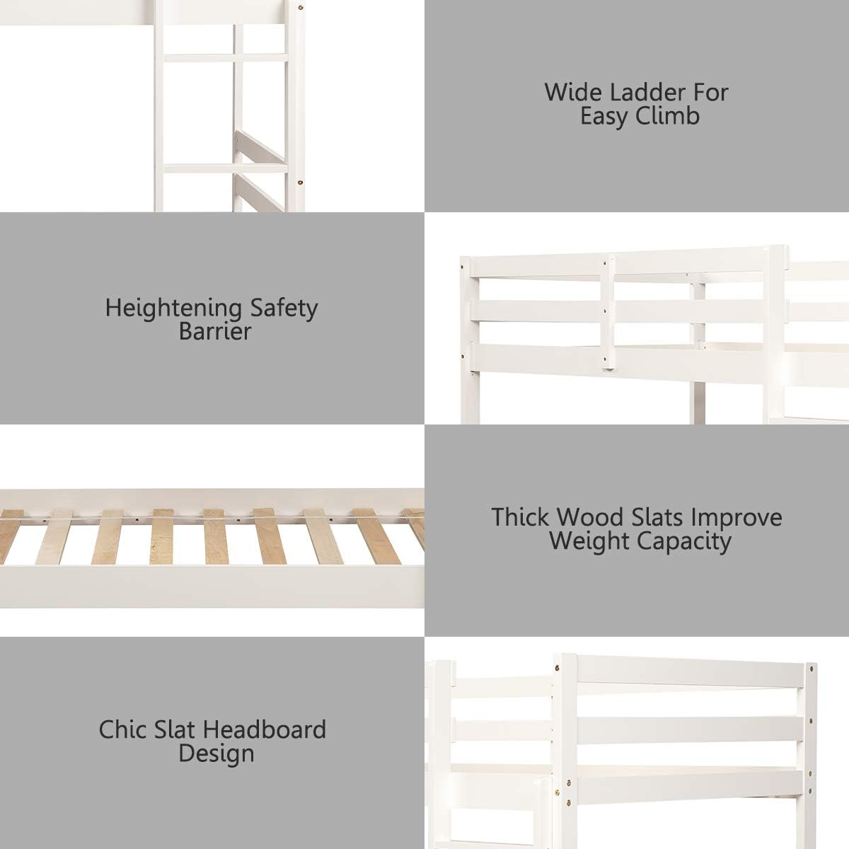 Costzon Twin Over Twin Bunk Beds, Wood Convertible Two Beds, Solid Rubberwood Bunk Bed with 1 Pcs Built-in Ladder and Safety Rails, No Box Spring Needed, Space Saving Bed Frame for Bedroom (White)