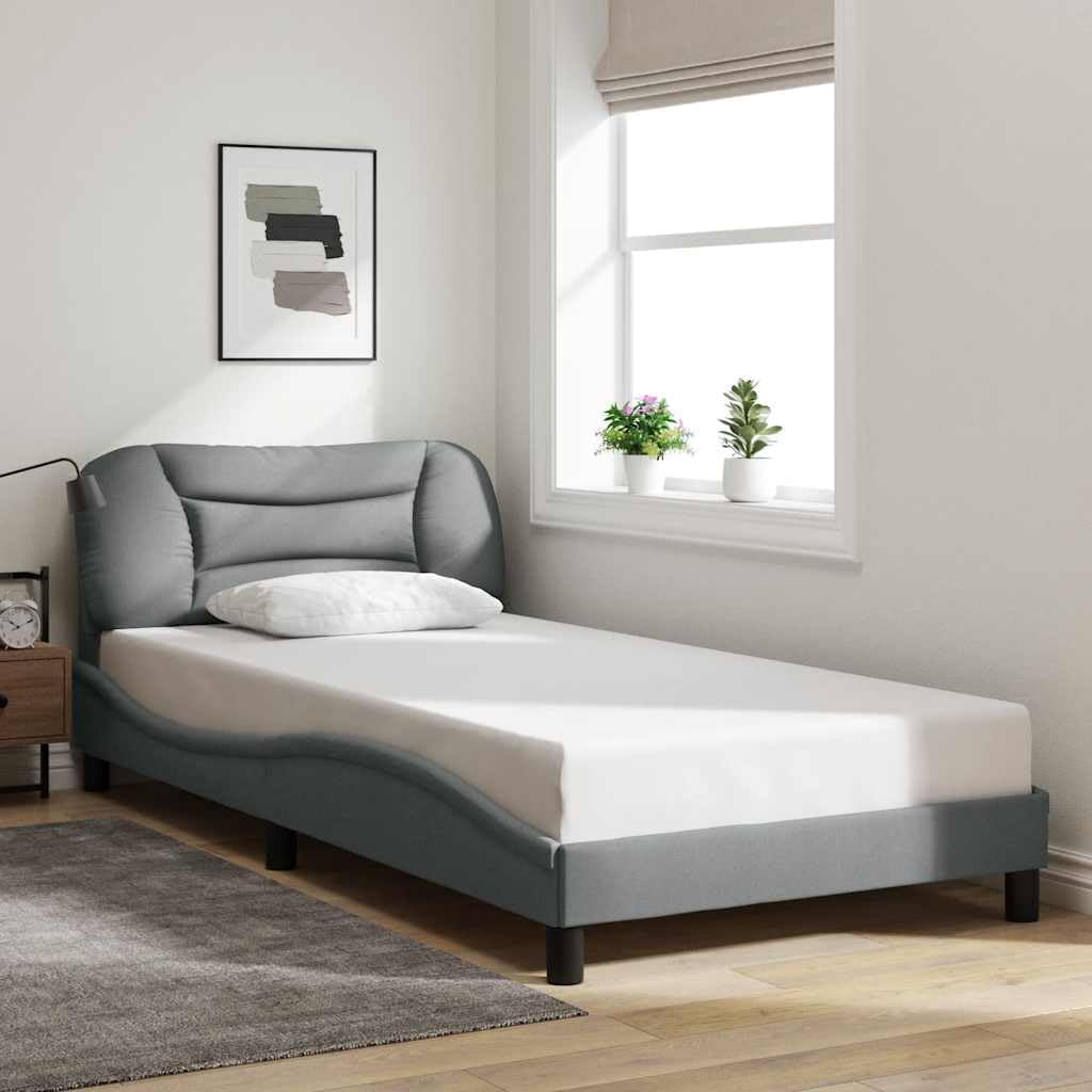 Light Grey Twin Bed Frame with Wavy Sides and Plush Headboard, Sturdy Solid Pine Construction with Under-Bed Storage, Modern Minimalist Design for Bedroom, Breathable