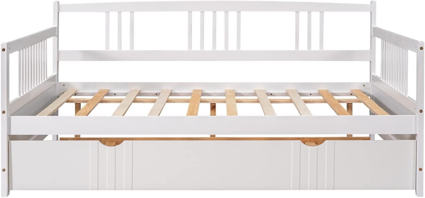 Full Size Trundle Bed, Full Size Bed Frame White Solid Wood Bohemian Sofa Bed with Metal Slats Daybed for Teen Adult Bedroom Living Room