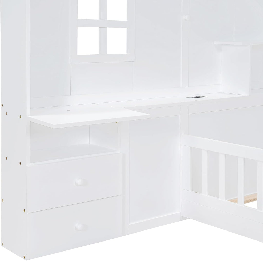 Harper & Bright Designs Twin Platform Bed with Window and Bedside Drawers, Wood Twin Size House Bed with Shelves, a Set of Sockets and USB Port, White