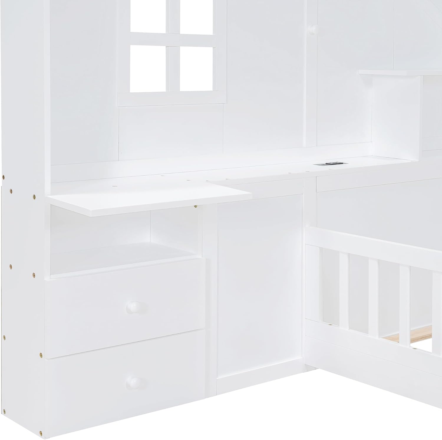 Harper & Bright Designs Twin Platform Bed with Window and Bedside Drawers, Wood Twin Size House Bed with Shelves, a Set of Sockets and USB Port, White