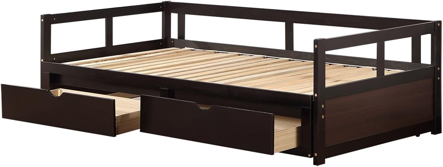 Sofa Bed Twin Size, Minimalist Bed Frame Espresso with 2 Storage Drawers with Solid Wood Slats Daybed for Bedroom Living Room