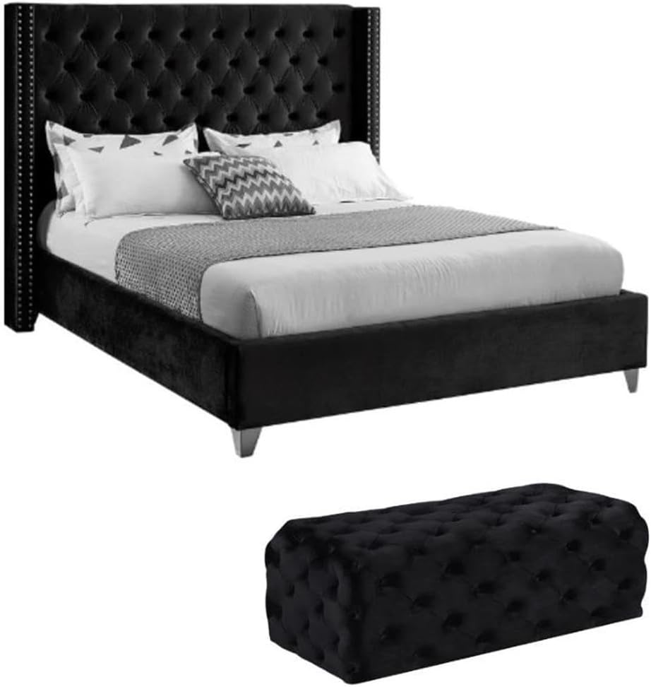 Home Square 2-Piece Set with Velvet Wing Back Queen Bed and Ottoman in Black