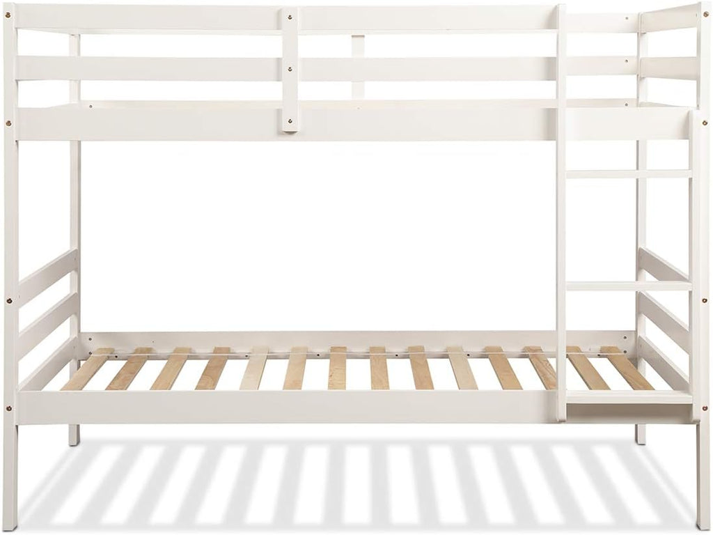 Costzon Twin Over Twin Bunk Beds, Wood Convertible Two Beds, Solid Rubberwood Bunk Bed with 1 Pcs Built-in Ladder and Safety Rails, No Box Spring Needed, Space Saving Bed Frame for Bedroom (White)