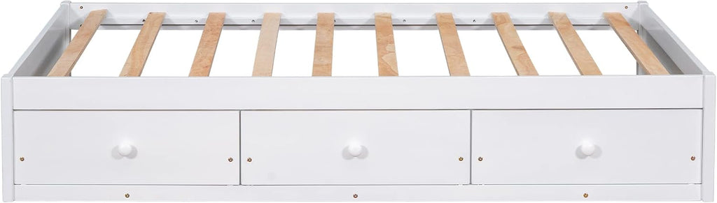 Bellemave Twin Platform Bed Frame with 3 Storage Drawers, Wood Twin Size Bed with Support Slats, Twin Bed Frame for Kids,Teens,Adults No Box Spring Needed (White)