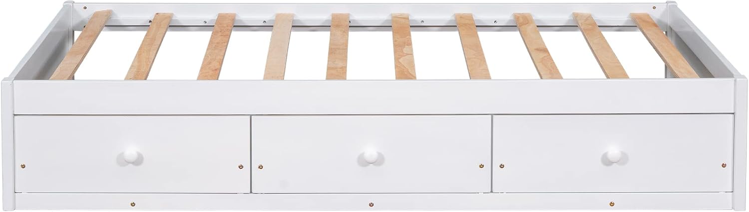Bellemave Twin Platform Bed Frame with 3 Storage Drawers, Wood Twin Size Bed with Support Slats, Twin Bed Frame for Kids,Teens,Adults No Box Spring Needed (White)