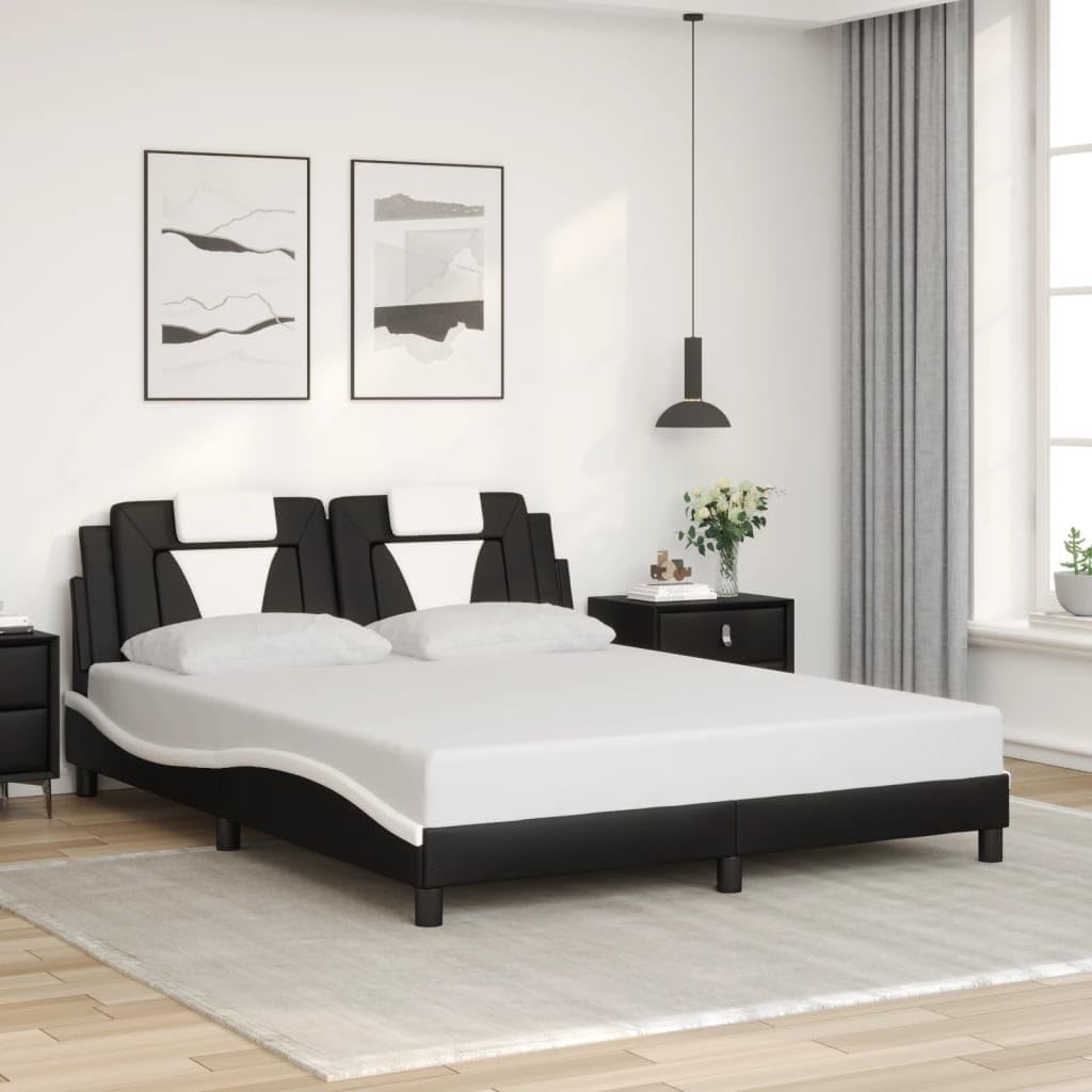 Upholstered Queen Platform Bed Frame with Headboard, Black and White Faux Leather Modern Bedframe for Bedroom Furniture, Waved Design & Foam Cushion Support 59.8'x79.9'
