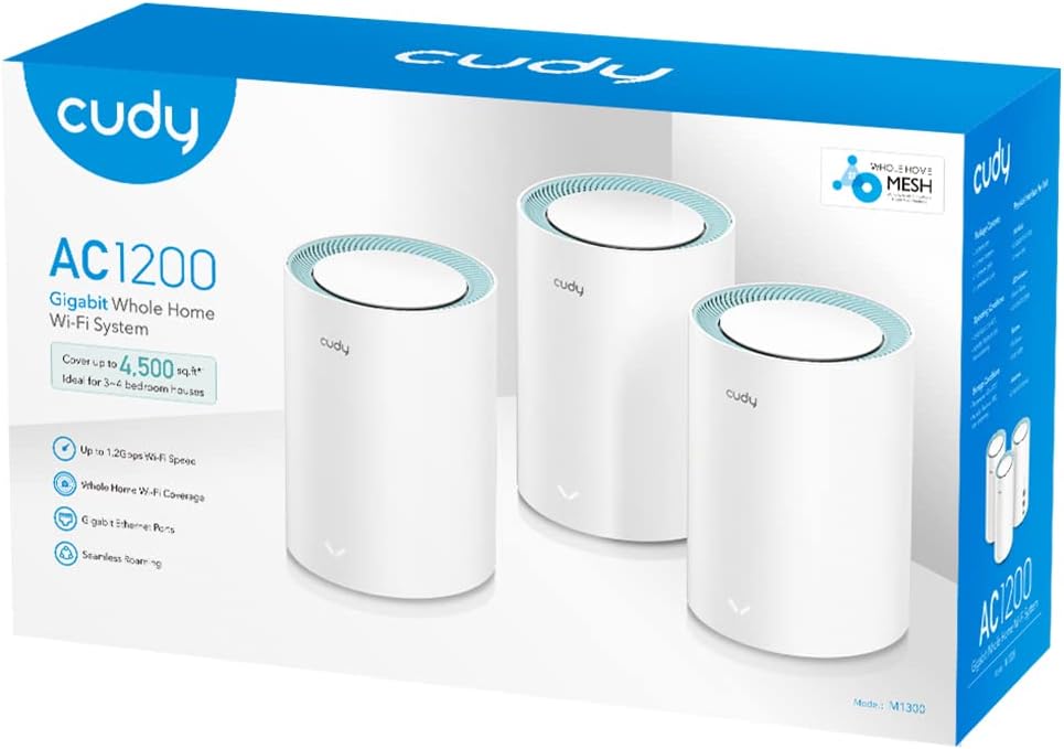 Cudy M1300 3-Pack AC1200 Gigabit Whole Mesh WiFi System, Dual Band, WiFi Extender, High Gain Antennas, VPN, Cloudflare, Connect Up to 150 Devices