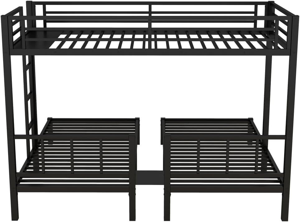 Twin Over Twin & Queen Bunk Bed, with Safety Guardrails,Space-Saving/Noise Reduced,Black (Black + Metal)