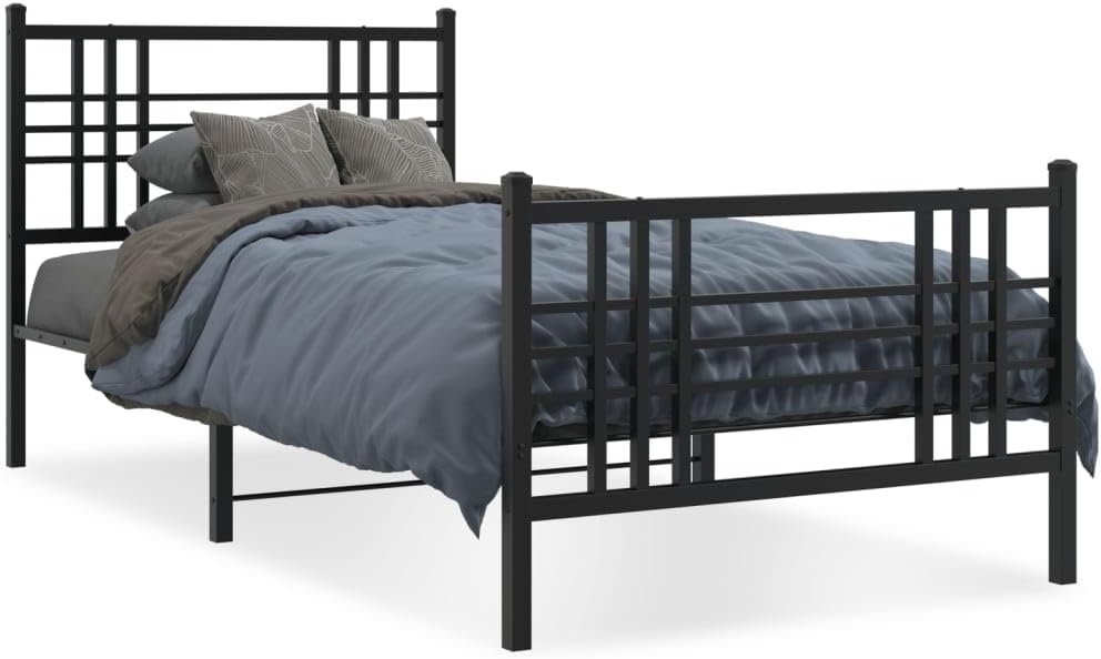 Black Steel Twin Bed Frame with Headboard and Footboard, Sturdy Rectangular Traditional Design for Bedroom Furniture, Heavy-Duty Metal Structure, 4-Piece Set