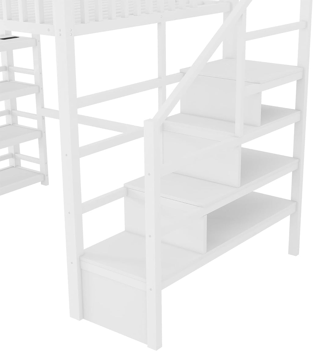 JIVOIT Metal Full Loft Bed with 4 Shelf Storage Rack, Stairs Storage, Open Shelves for Upper, Space-Saving Full Loft Bed with Guardrails and Metal Slats Support for Kids Teens (White/1)