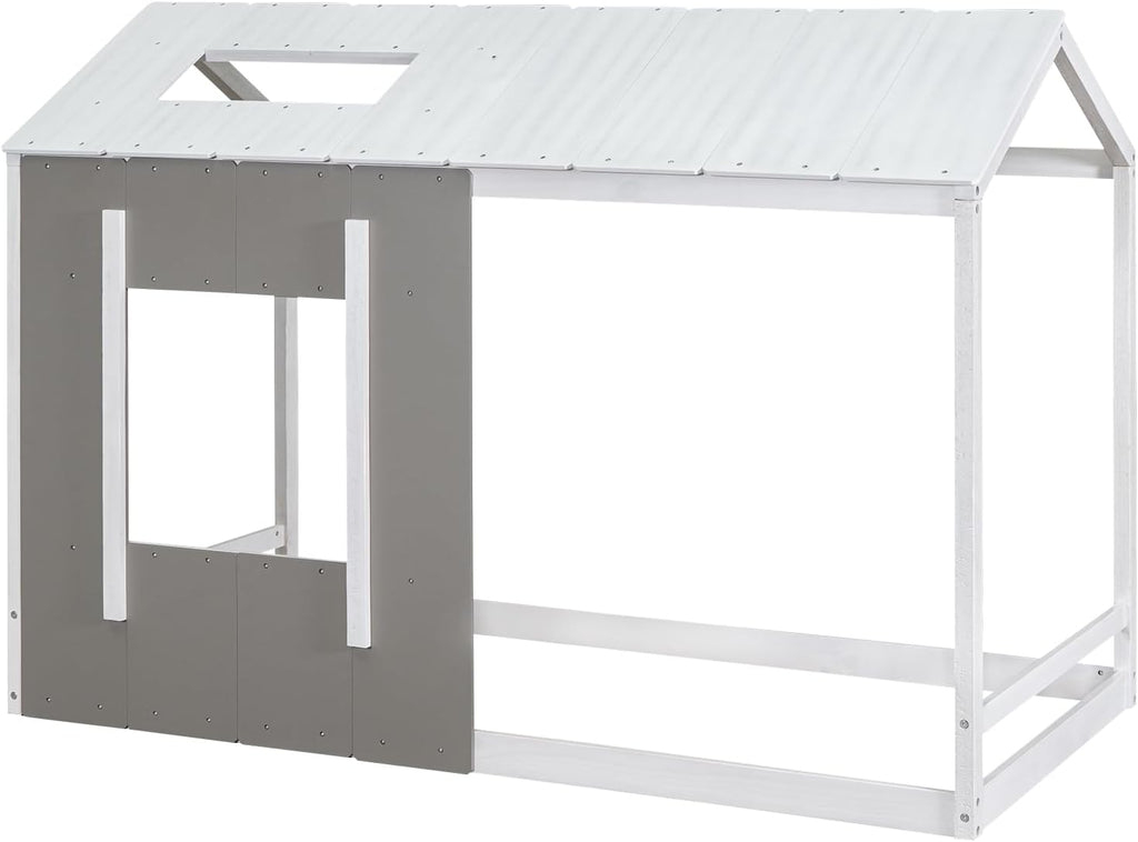 JIVOIT House Platform Bed with Roof and Window, Twin Size Kids House Bed Wood Bed Frame, Low Floor Bed for Toddler Kids Teens Boys Girls (Antique Grey+Antique White)