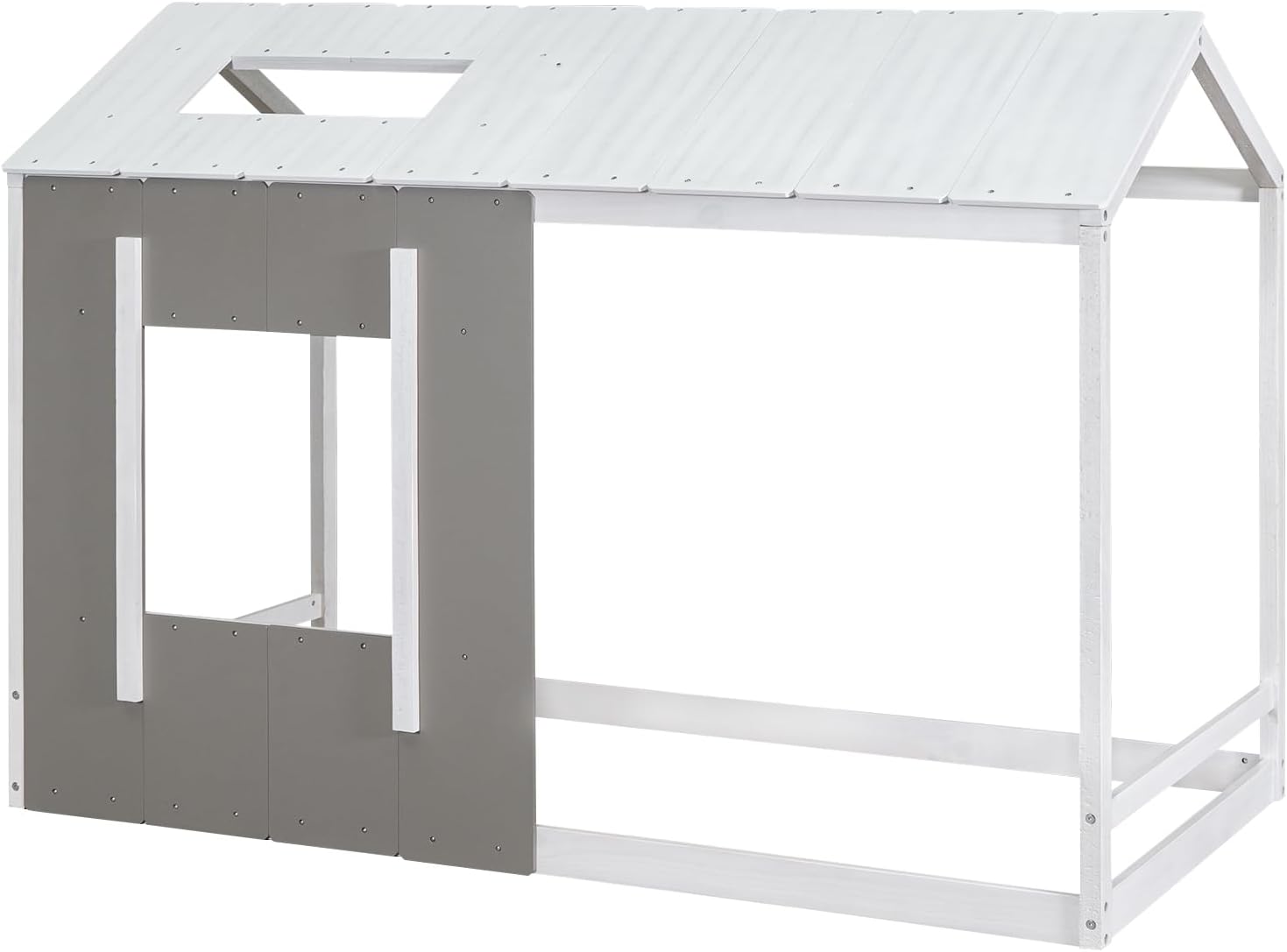 JIVOIT House Platform Bed with Roof and Window, Twin Size Kids House Bed Wood Bed Frame, Low Floor Bed for Toddler Kids Teens Boys Girls (Antique Grey+Antique White)