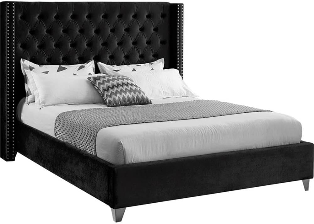 Home Square 2-Piece Set with Velvet Wing Back Full Bed and Ottoman in Black