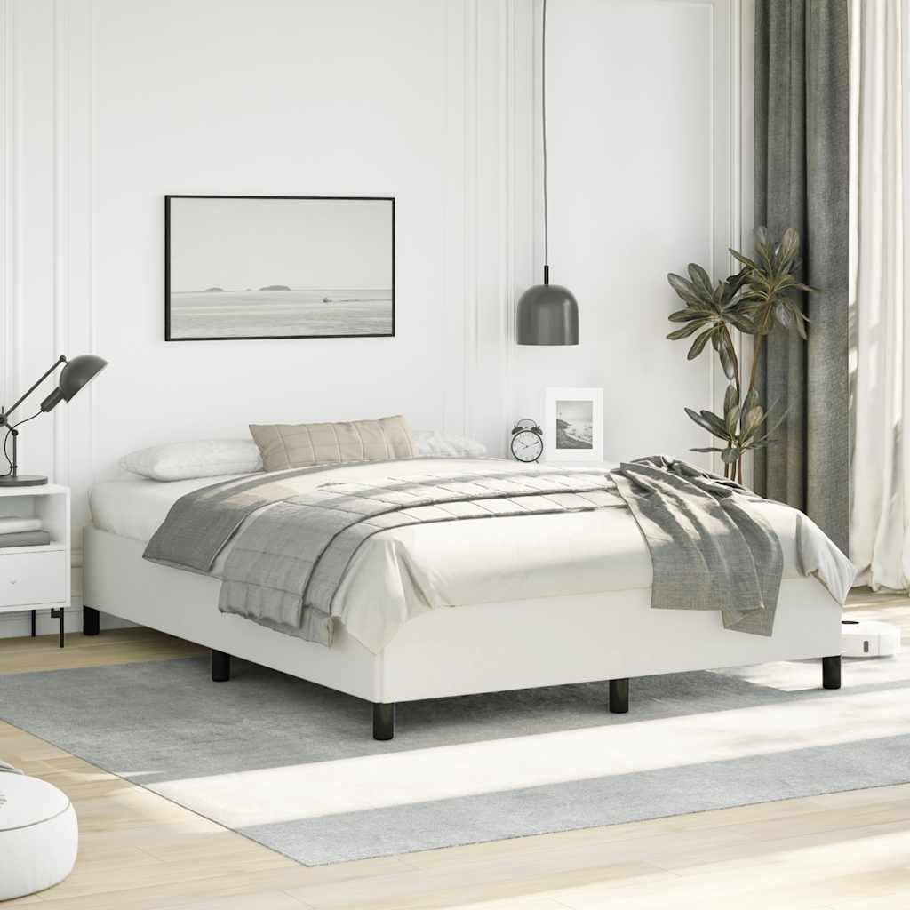 White Queen Upholstered Platform Bed Frame with Sturdy Wood Legs, Modern Faux Leather Mattress Foundation for Bedroom Space Saving Design