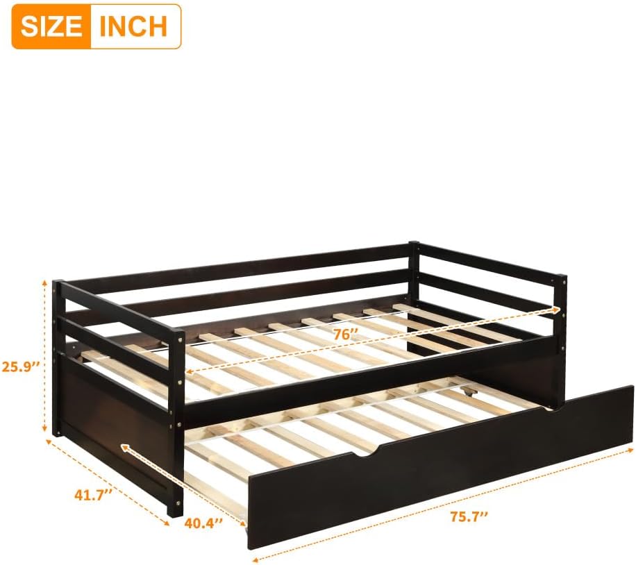 Twin Daybed with Trundle Frame Set in White, Solid Pine Wood Construction for Kids Room or Guest Bedroom (Espresso + Pine + Bedroom)