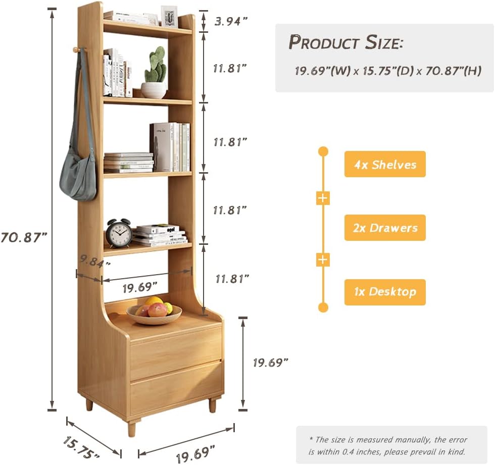 IOTXY Oak Bedside Table Bookshelf - 71' Tall Free Standing Wooden Open Shelf Bookcase with Drawers and 4-Shelves for Bedroom, Bed Side End Table, Nightstand