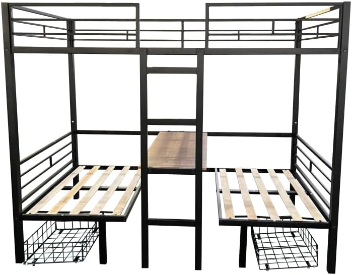 Twin Size Loft Bed with Table Sets Transformable to Twin Over Twin Bunk (Black + Steel + Twin)