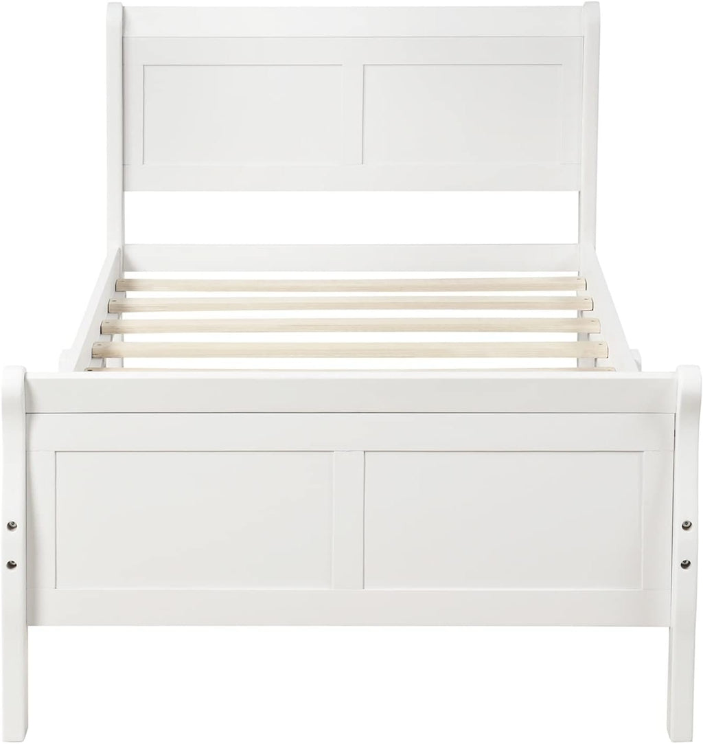 Twin Bed Frame, Twin Bed Headboard Wood Platform Bed White Twin Easy Assembly Bedroom Decor Set Noise Free