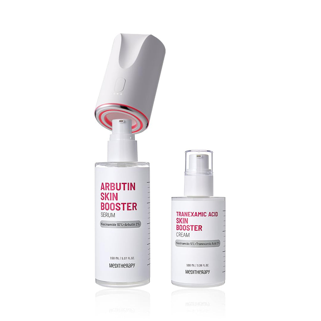 MEDITHERAPY Arbutin Skin Booster Serum with Device + Tranexamic Acid Skin Booster Cream- Korean Serum with 10% Niacinamide, 2% Arbutin, 3% TXA - Home Face Massage Tool - Boosts Skin Absorption by 770%