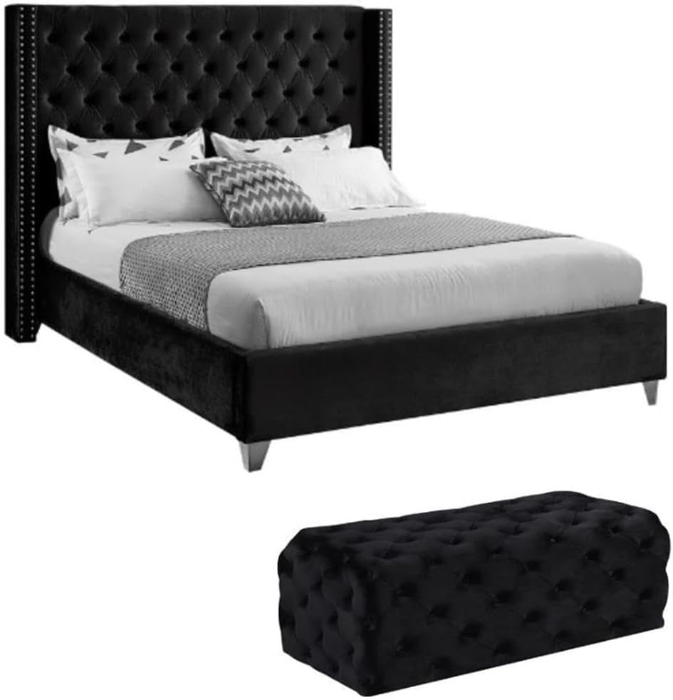 Home Square 2-Piece Set with Wing Back King Bed and Ottoman in Black