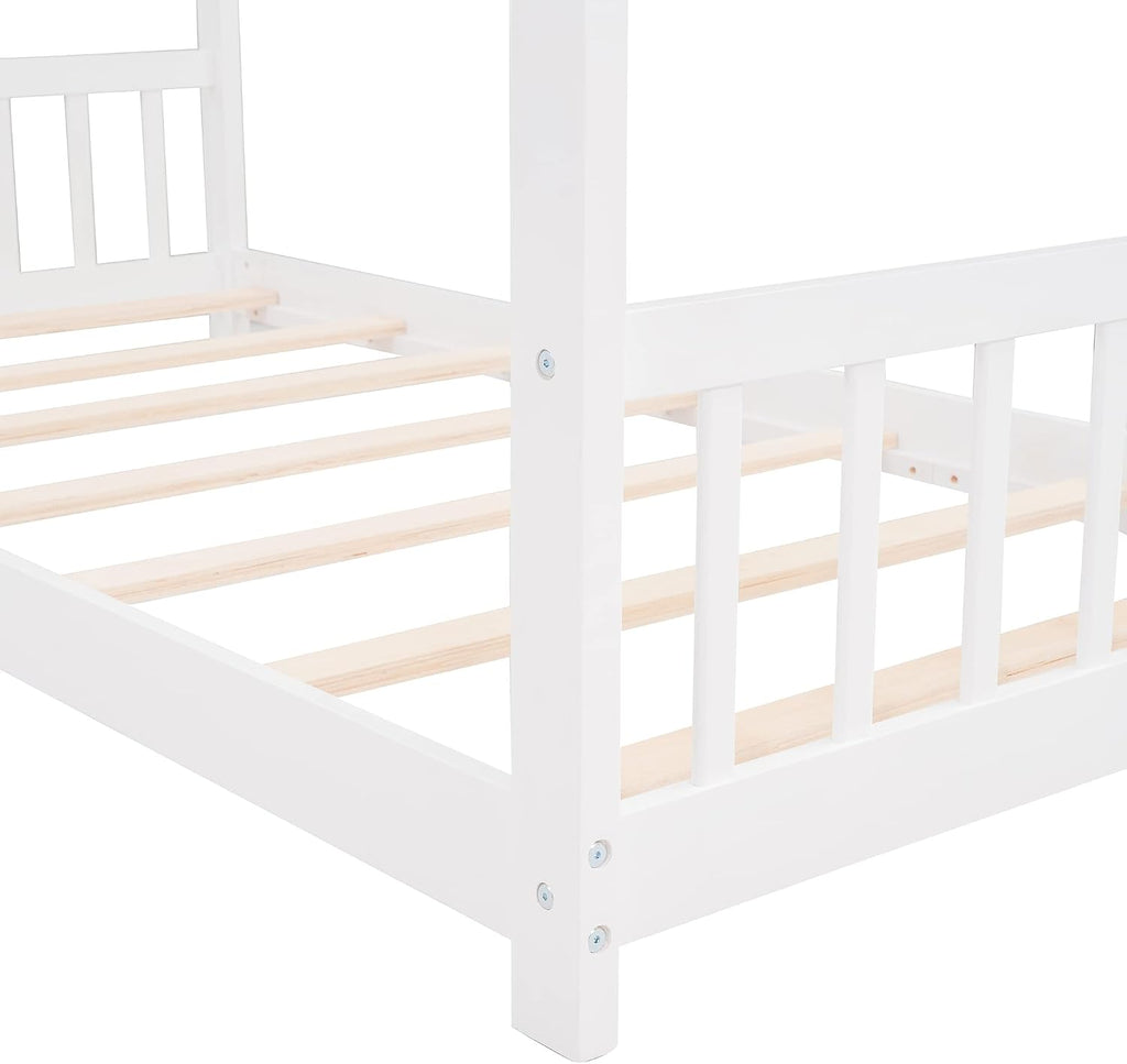 JIVOIT Twin Size Wood House Bed, Solid Wood Tent Bed Canopy Bed Frame with Roof Design, Twin Floor Bed with Wood Slats Support, No Box Spring Needed(White-Twin-Pinewood)