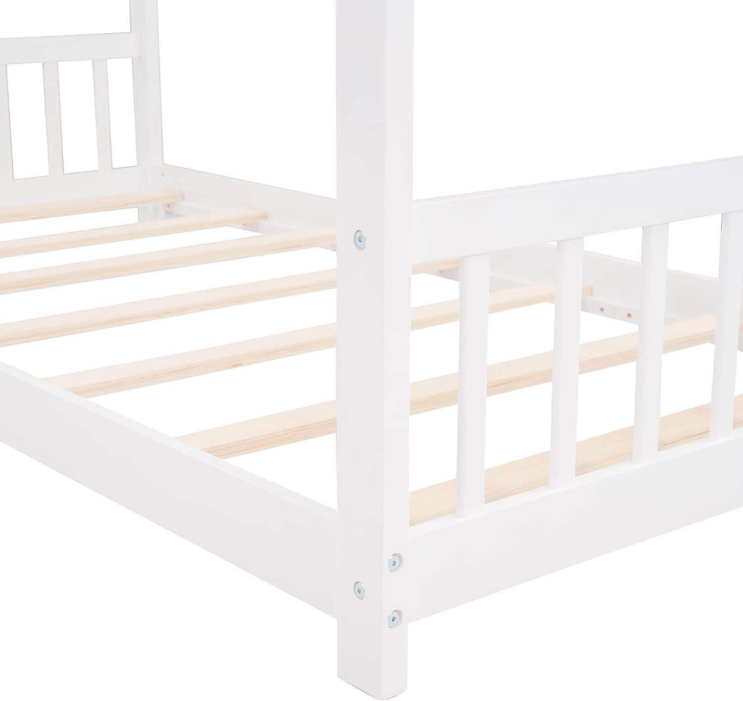 JIVOIT Twin Size Wood House Bed, Solid Wood Tent Bed Canopy Bed Frame with Roof Design, Twin Floor Bed with Wood Slats Support, No Box Spring Needed(White-Twin-Pinewood)