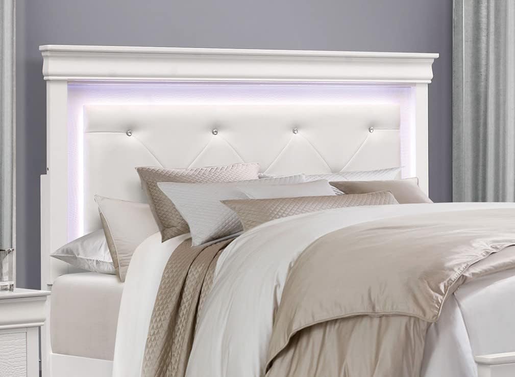 Glam 3pc Bedroom Set White Finish Queen Size LED Light Bed and Two Nightstands Alligator Texture Wooden Furniture