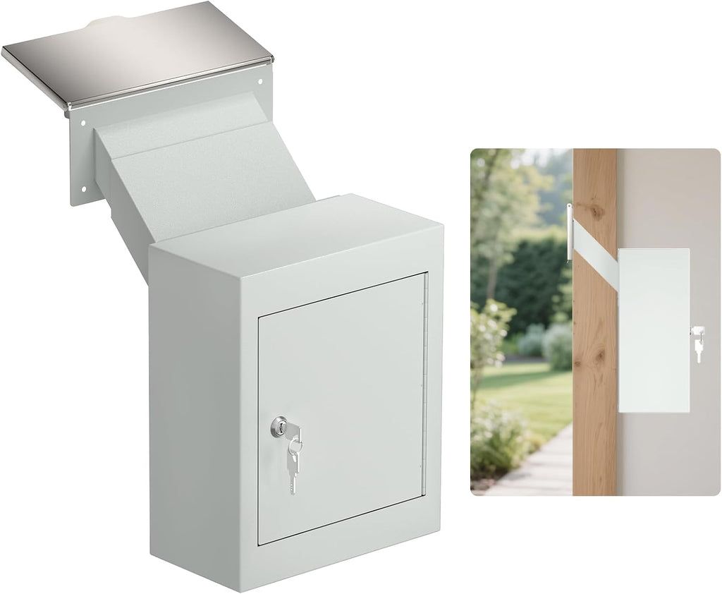 Pochar Through-The-Wall Drop Box with Rainproof Cover | Heavy Duty Through Wall Mailbox with 10-Inch Adjustable Chute | Rainproof Locking Drop Safe for Mail, Rent, Checks, Cash, and Keys(White)